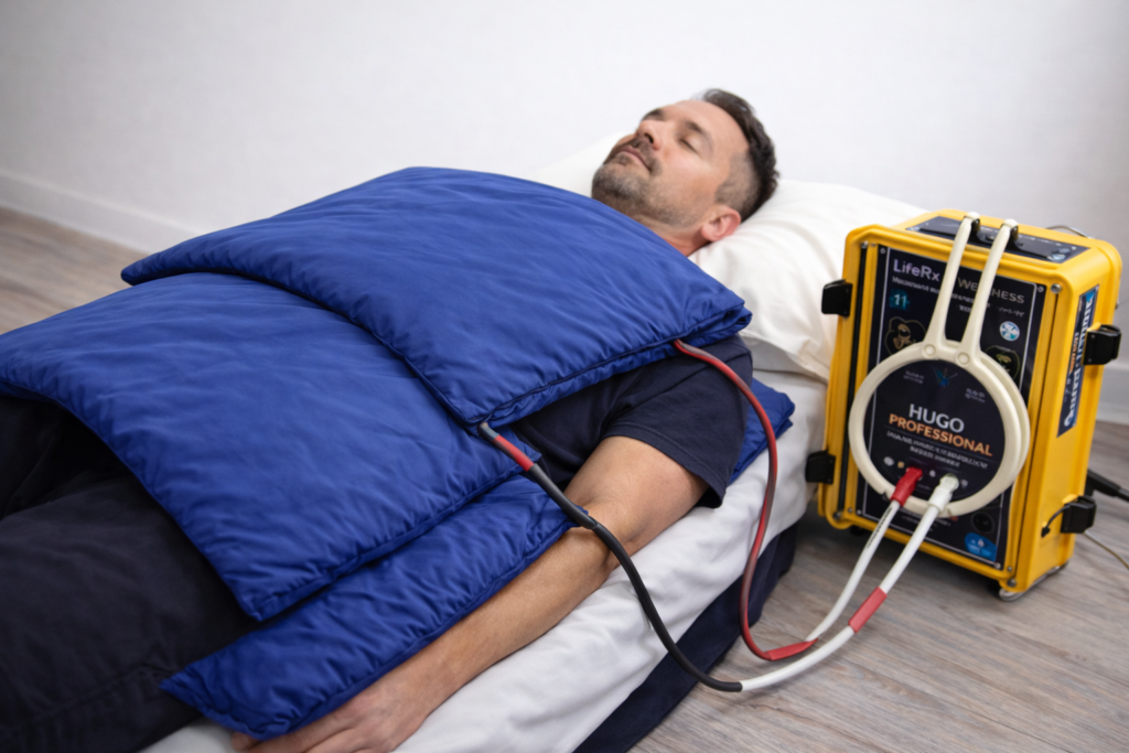 PEMF therapy session at LifeRx Wellness in Willis TX using professional-grade electromagnetic therapy mats for recovery and wellness