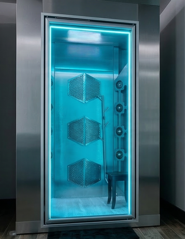 Modern walk-in electric cryotherapy chamber with vibrant neon blue LED lighting at LifeRx Wellness near Conroe TX