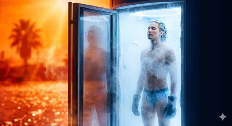 An athlete experiencing cooling relief from the intense June heat inside a frosty blue Whole-Body Cryotherapy chamber in Willis TX at LifeRx Wellness.