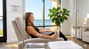 A professional photo of a fit woman relaxed in a cool, modern Willis, TX, IV therapy lounge, receiving hydration treatment near a large window overlooking sun-kissed Lake Conroe, highlighting summer recovery