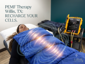 A client relaxing comfortably on a Hugo high-intensity dual mat during a PEMF Therapy Willis TX session at LifeRx Wellness.