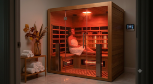 A person experiencing restorative deep healing and a fall detox inside a private wooden sanctuary during an Infrared Sauna Willis TX session at LifeRx Wellness