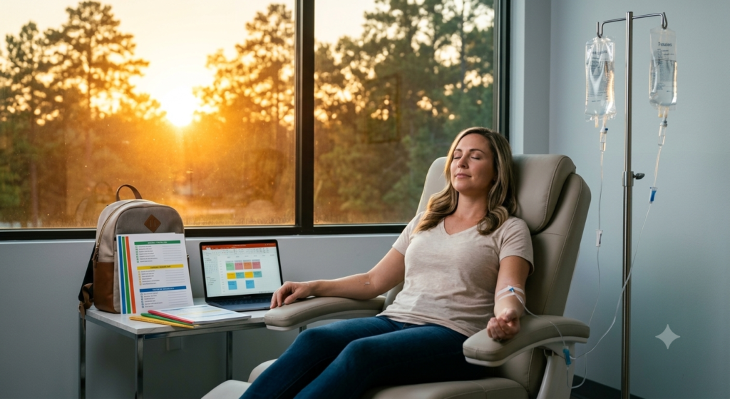 A weary parent or teacher experiencing cooling relief and hydration from back-to-school stress while receiving IV Therapy Willis TX at LifeRx Wellness