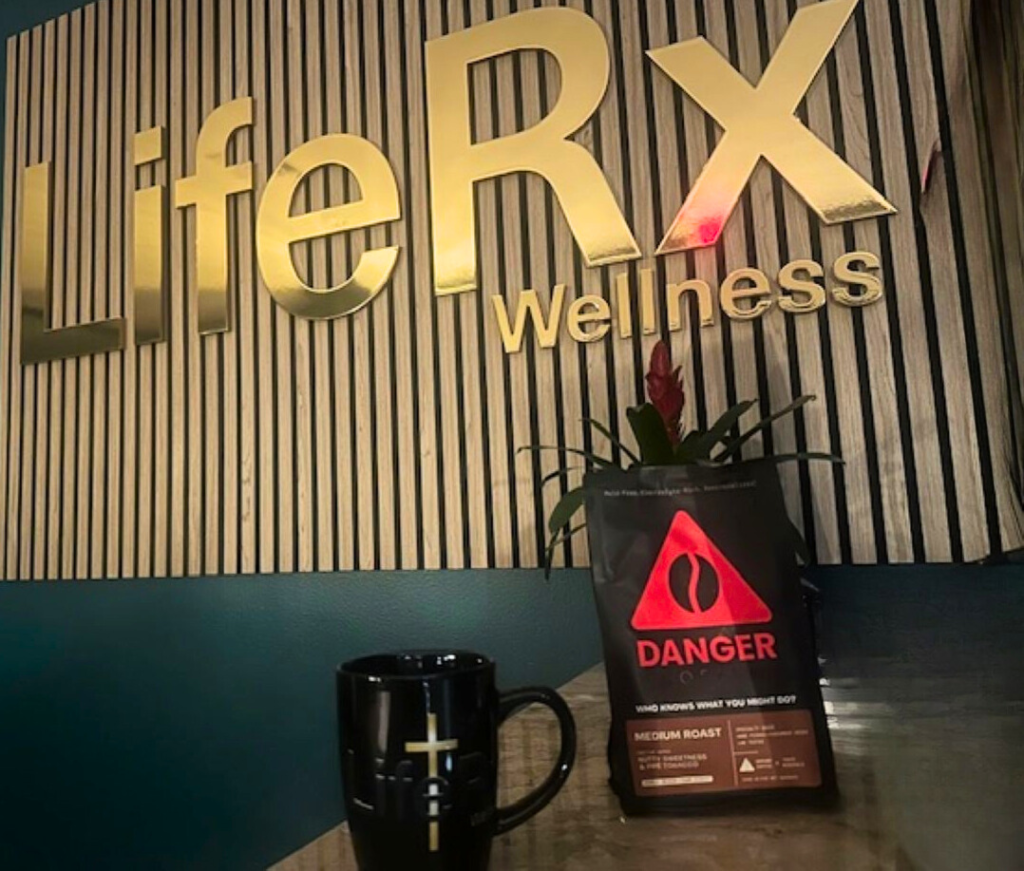 Danger Coffee Willis bag in front of the LifeRx Wellness sign